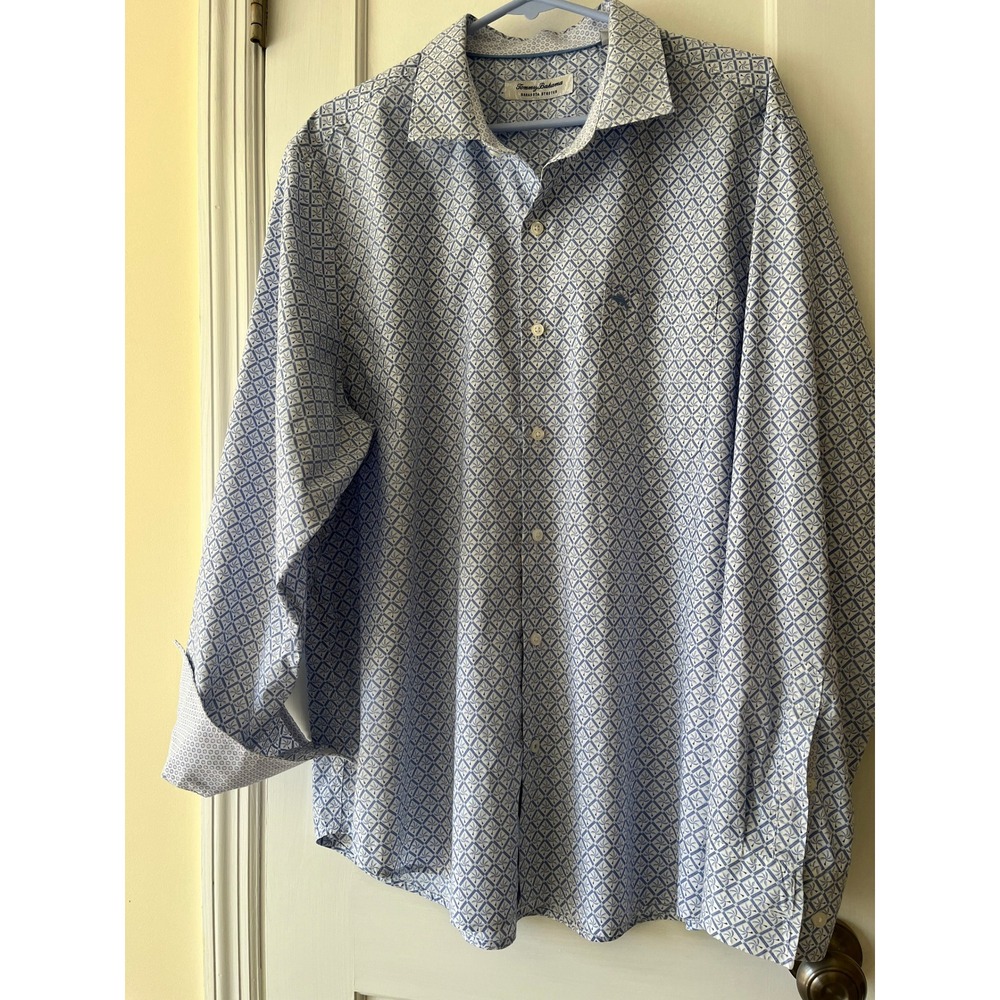 Tommy Bahama Sarasota Stretch Blue Geometric Palm Print Button Down Shirt XL TG